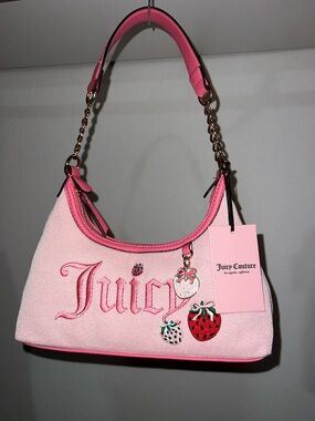 Juicy Couture Light Pink Embroidered Mini Shoulder Bag with Strawberry Charms